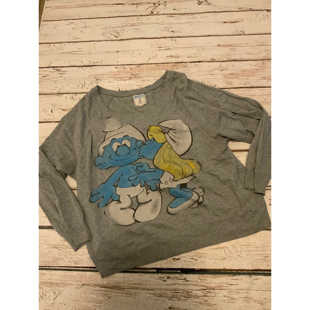 The Smurfs Graphic Sweatshirt Womens‎ 3X Gray Smurfette Kissing Pullover Vintage